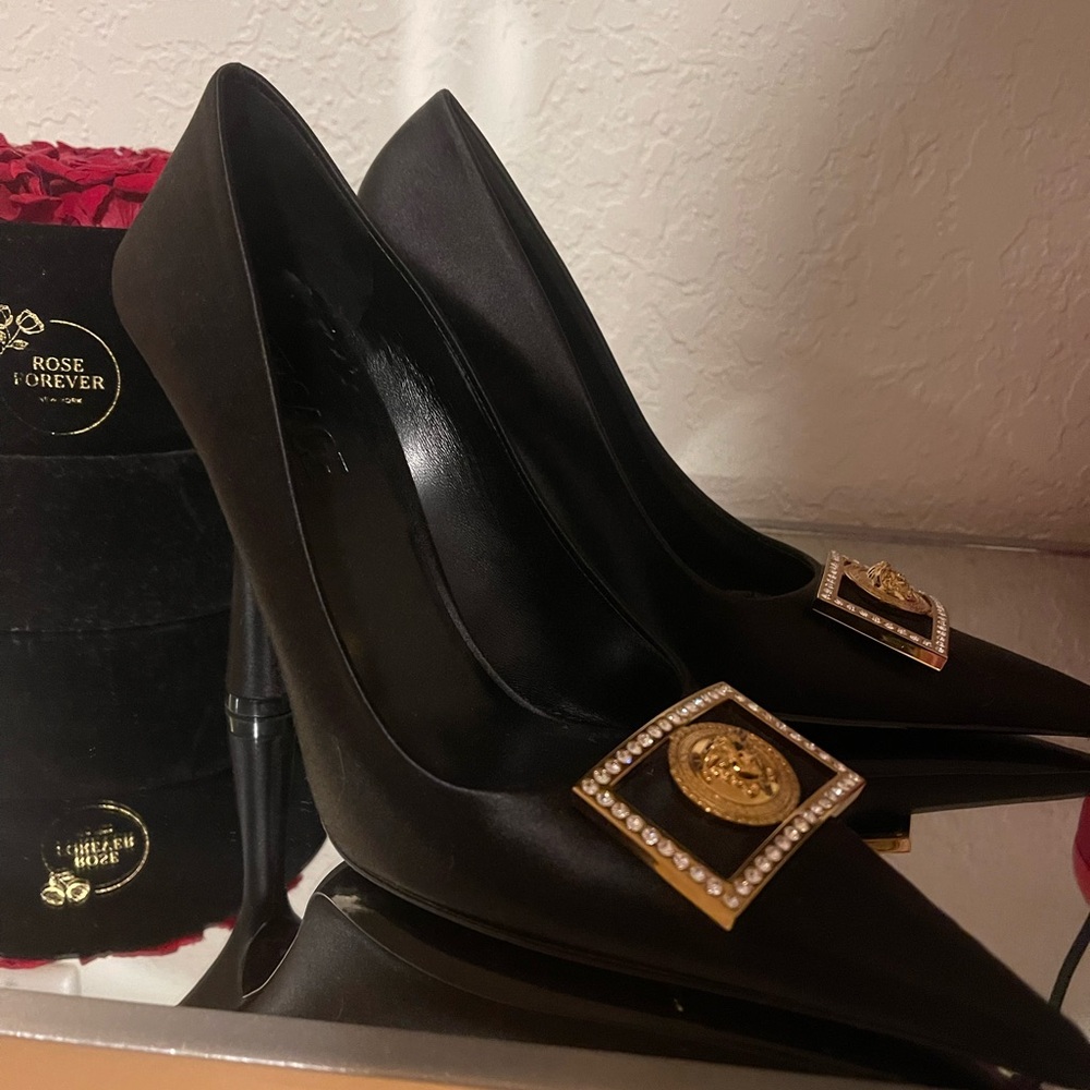 Black Versace satin ribbon heels. Worn 1 time. Brand new. Serious buyer only.